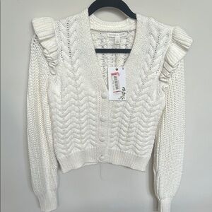White Ruffled Sweater with Chevron Knit